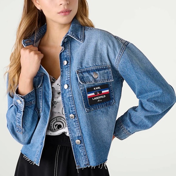 Karl Lagerfeld Tops - Karl Lagerfeld Womens Denim Boxy Shirt Jacket size XL Blue Oversized Patch NWT